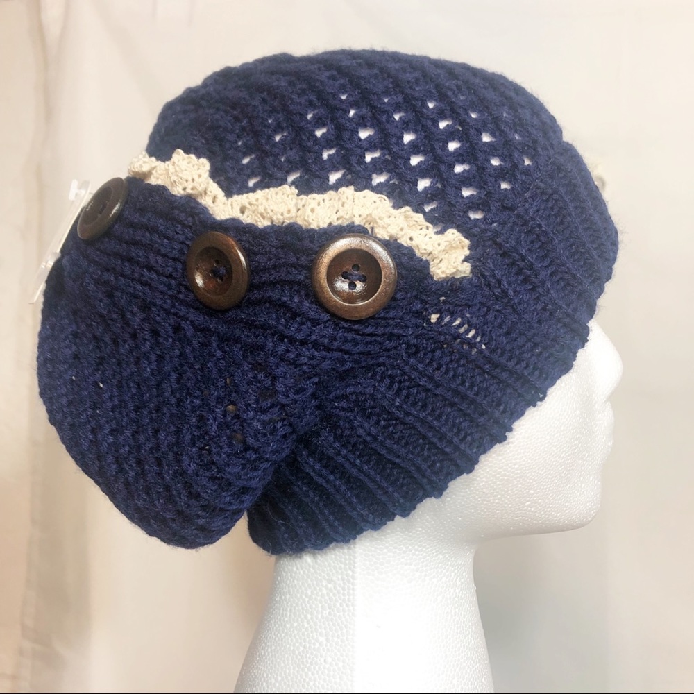 NEW! Navy Blue Beanie Hat w/ buttons and ruffles